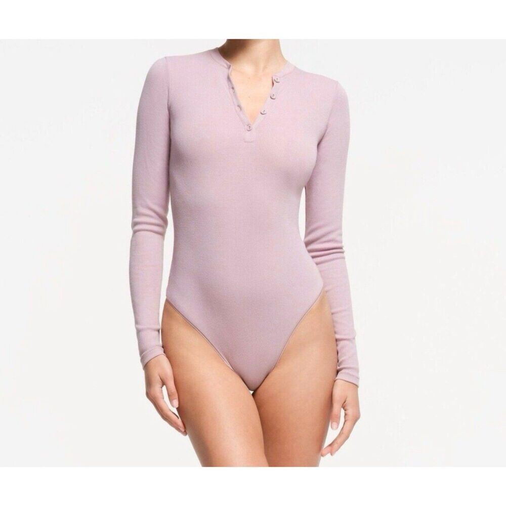 SKIMS long sleeve henley bodysuit cotton jersey size small light pink dusk - Picture 2 of 10